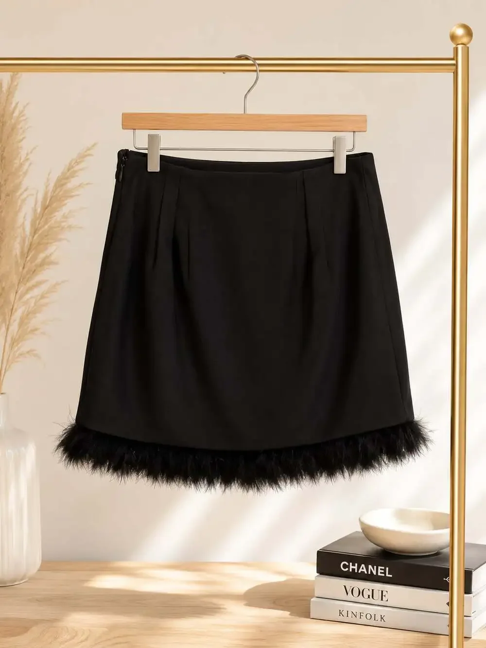 Express Black Tailored Feather Trim Mini Skirt